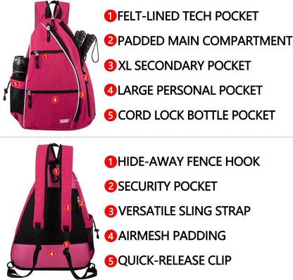 Reversible Sling Bag for Pickleball & Racketball - Travel Sport Sling Backpack for Women - Pink